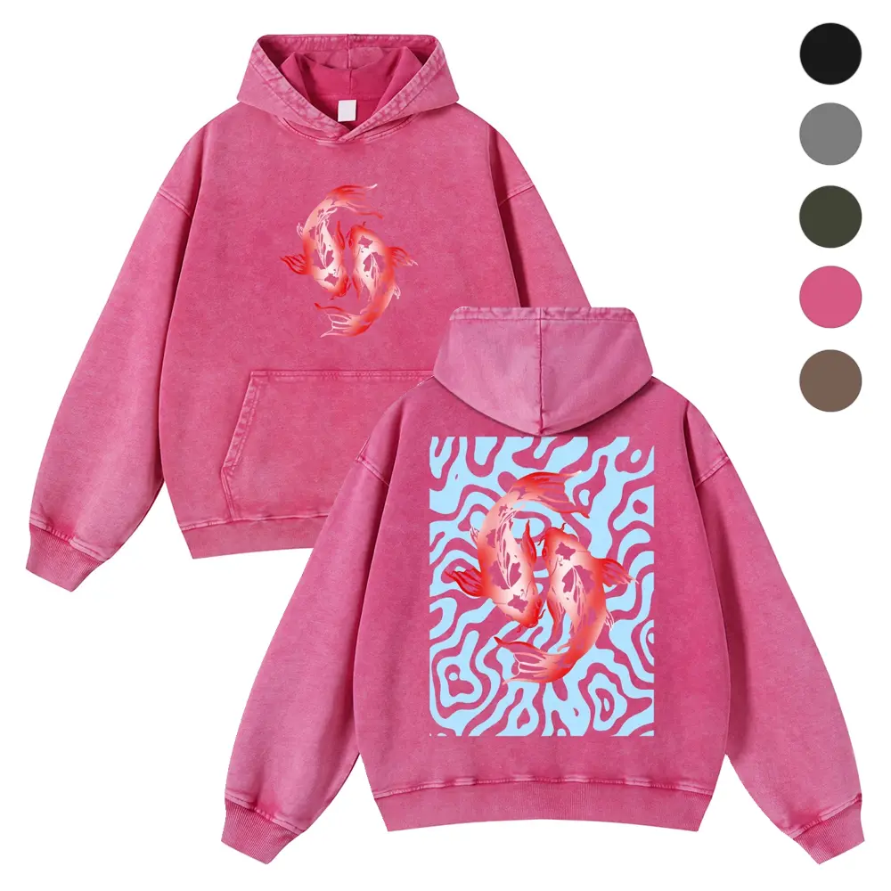Men's 380g Vintage Washed DTG Print Hoodie, Japanese Red Koi Fish & Light Blue Water Wave Front-Back Graphics, Casual Fit Autumn Tops for Spring Wear (Jeans-Matching), Cotton, Long Sleeve, Oversize, Graphic Hoodies