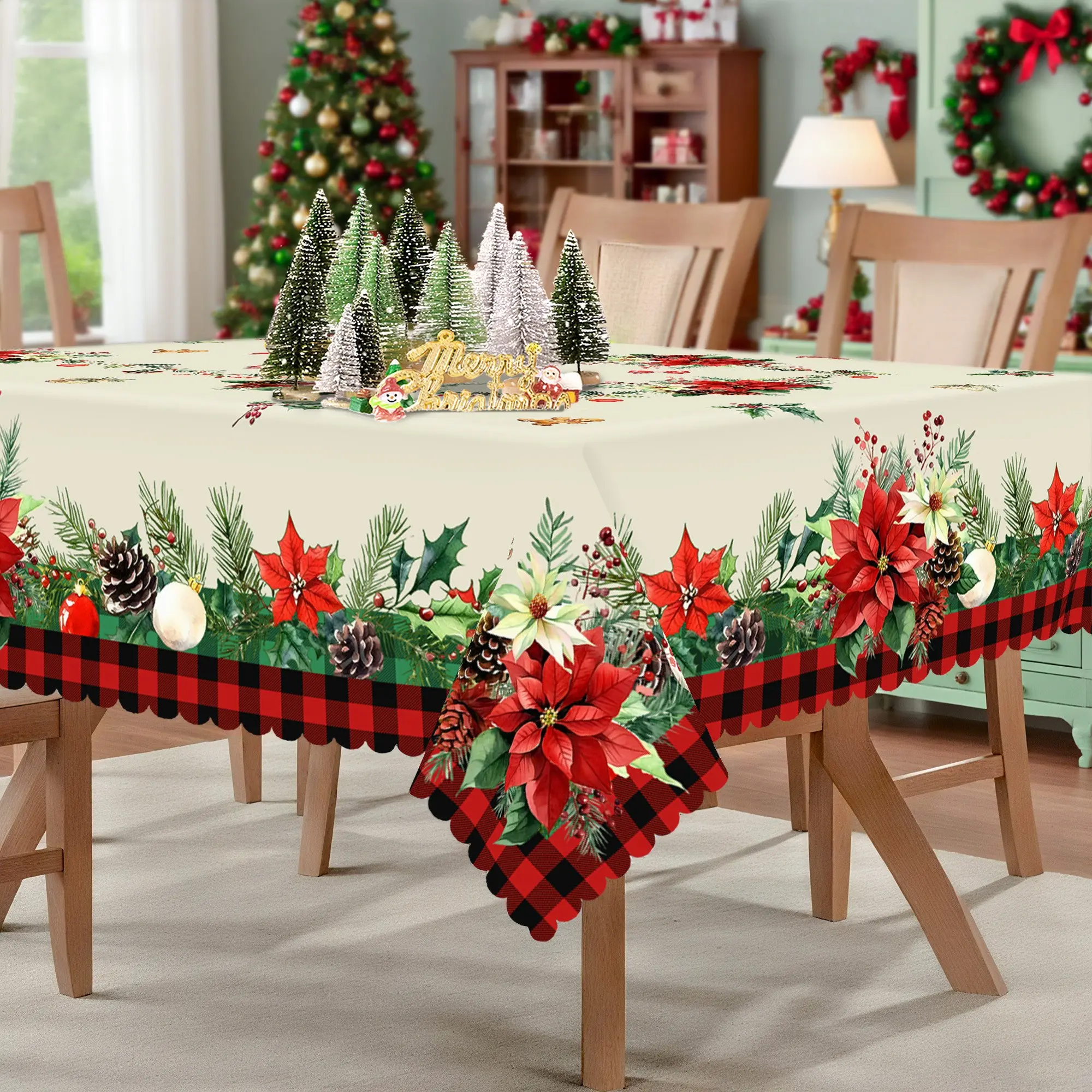Christmas vintage petunia check pattern printed lace tablecloth, water-resistant and stain-resistant, reusable square tablecloth, suitable for decoration in living rooms, dining rooms, hotels and for Christmas parties