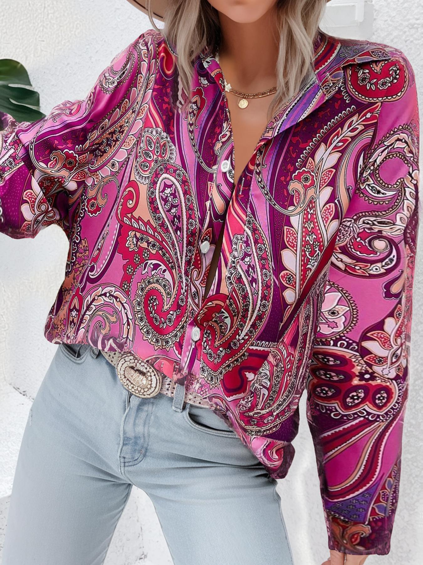 【Plus Size】 All Over Print Shirt, Casual Long Sleeve Collared Top for Summer, Women's Clothes for Daily Wear