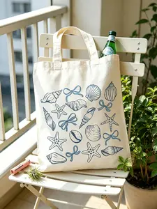 Ocean Style Starfish Shell Bow Pattern Thick Canvas Shoulder Bag, Large Capacity Durable Shopping Bag, Casual All-Season Backpack