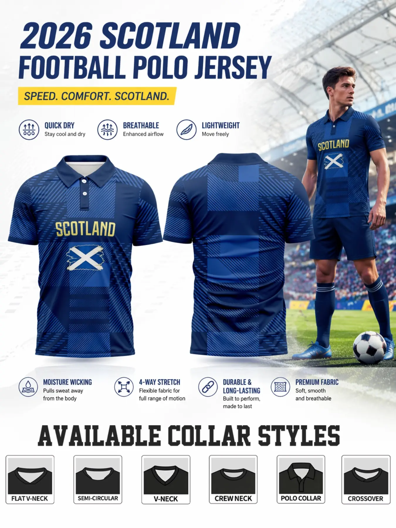 Deep Blue Checkered Scottish Soccer Jersey, Quick-Dry High Elasticity Fabric, Multiple Neck Options, Customizable Team Name and Number, Versatile Sports Wear