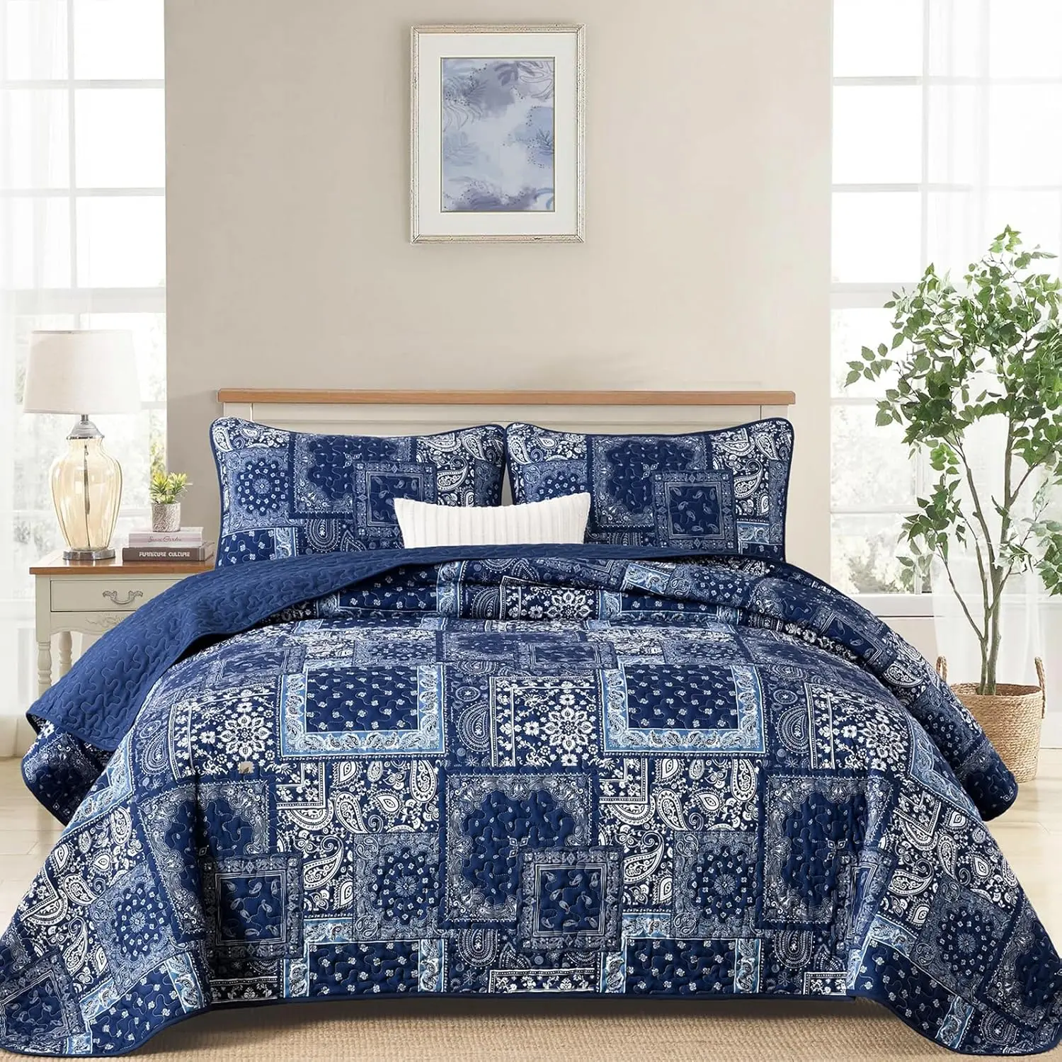 Blue Patchwork Set King Size,Boho Navy Blue Set,Farmhouse Paisley Bedspread Soft Microfiber Bedding Set for All Season 110"x90"