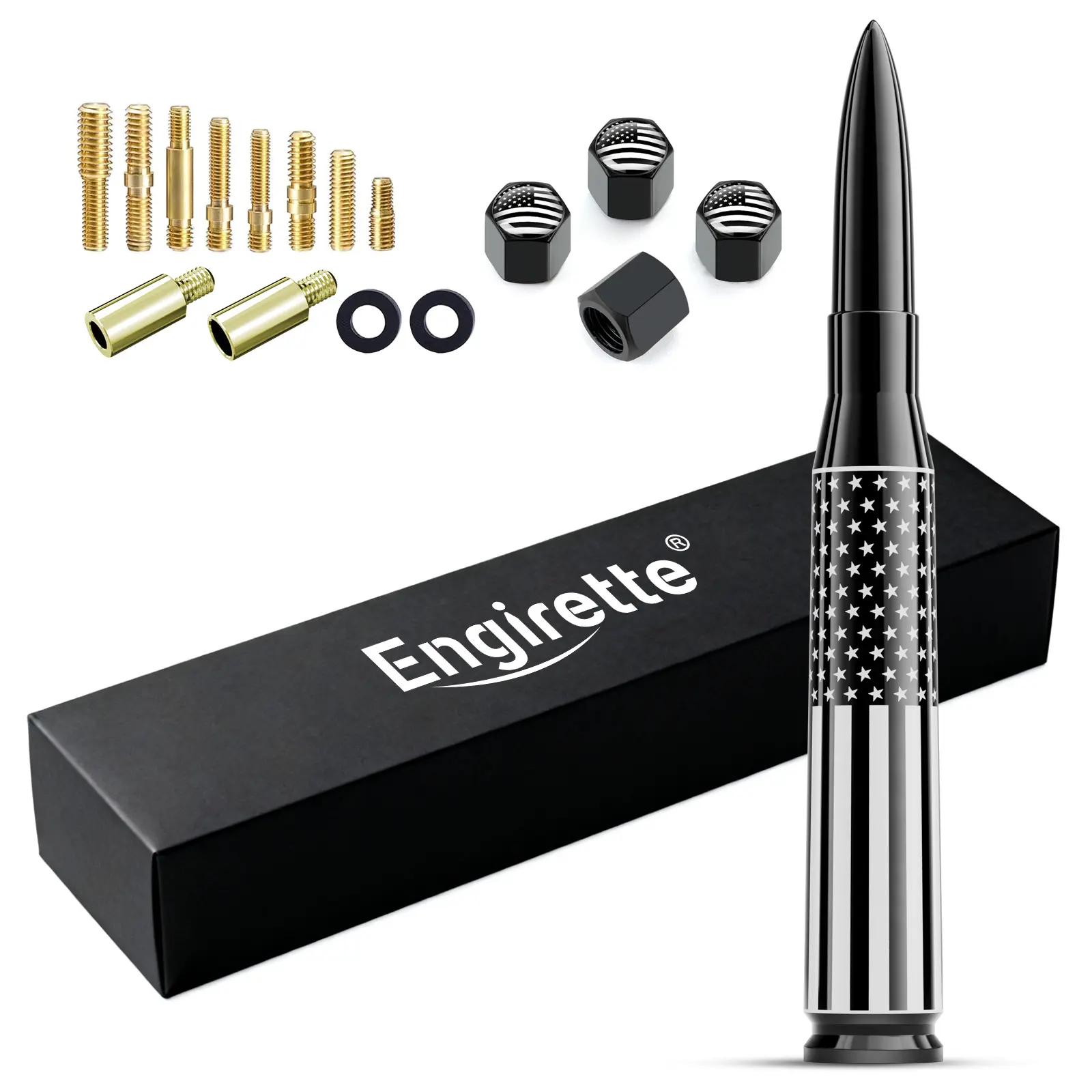 Car Truck Bullet Antenna with Tire Valve Caps Ring American Flag Universal Short Replacement for GMC Sierra Chevy Silverado Dodge Ram 1500 2500 3500 Ford F150 F250 F350 Super Duty Raptor Radio Accessories, Black Automotive Car Gadgets