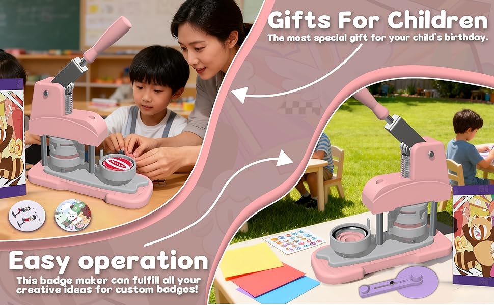 Pink Button Maker Machine 58mm (2.25 inch), DIY Button Pin Maker Machine Comes with Free Button Parts, Circle, Cutting Board, Pattern Paper, Holographic Bags, Colored Film, and Protective Case