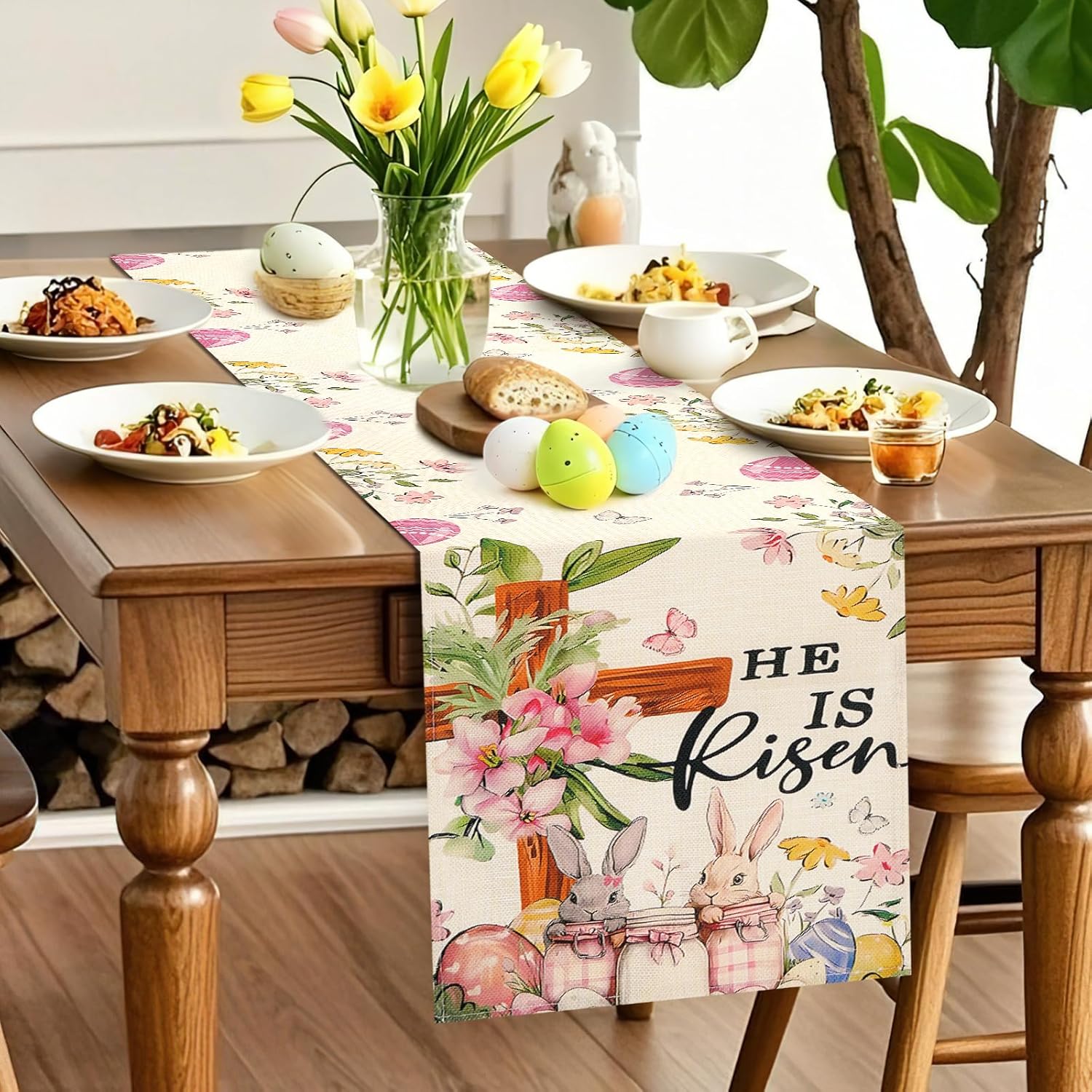 Easter Table Runner 13*72 Inch, Easter Decorations for Table Decor, Bunny Table Runner with Cross Flower, He is Risen Decors Spring Kitchen Dining Table Decor for Home