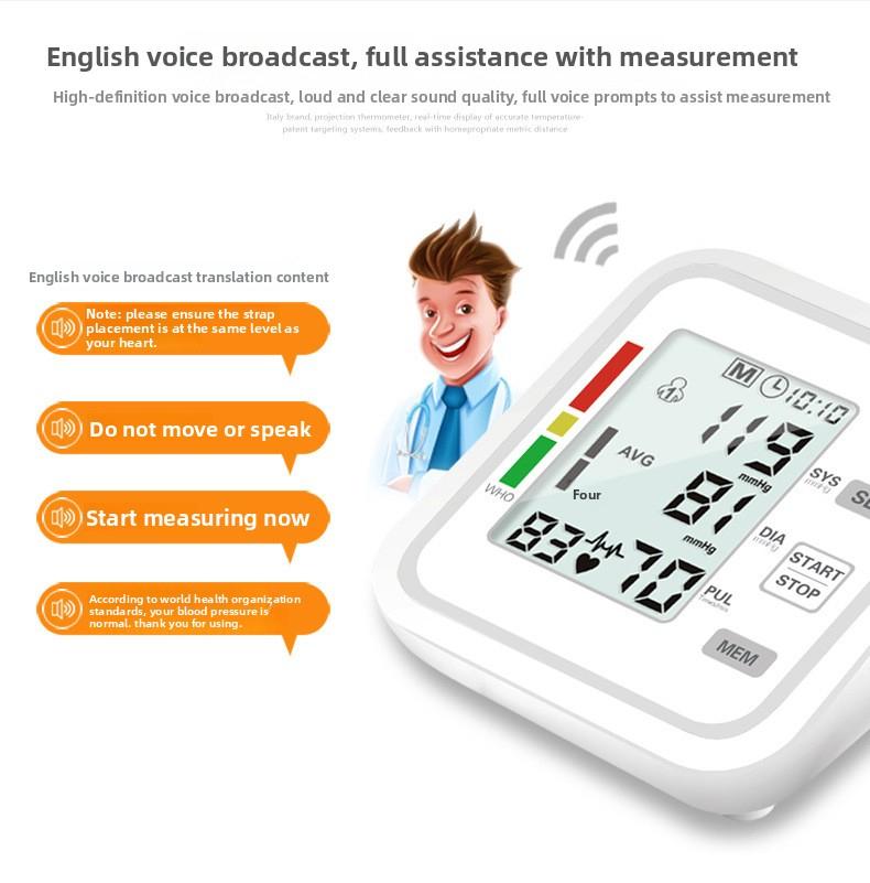 Fully Automatic Upper Arm Blood Pressure Monitor with Heart Rate Detection - Home & Medical Use Intelligent Voice Broadcast Fully Automatic Upper Arm Blood Pressure Monitor with Heart Rate Detection - Home & Medical Use Intelligent Voice Broadcast