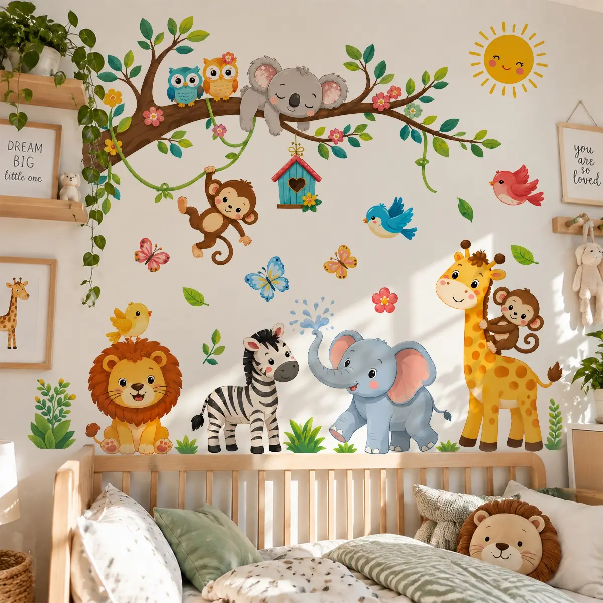 2 Sheets Large Jungle Animal Decorative Wall Decals, Cute Safari Lion Elephant Giraffe Monkey Koala, Peel & Stick Nursery Kids Room Decor