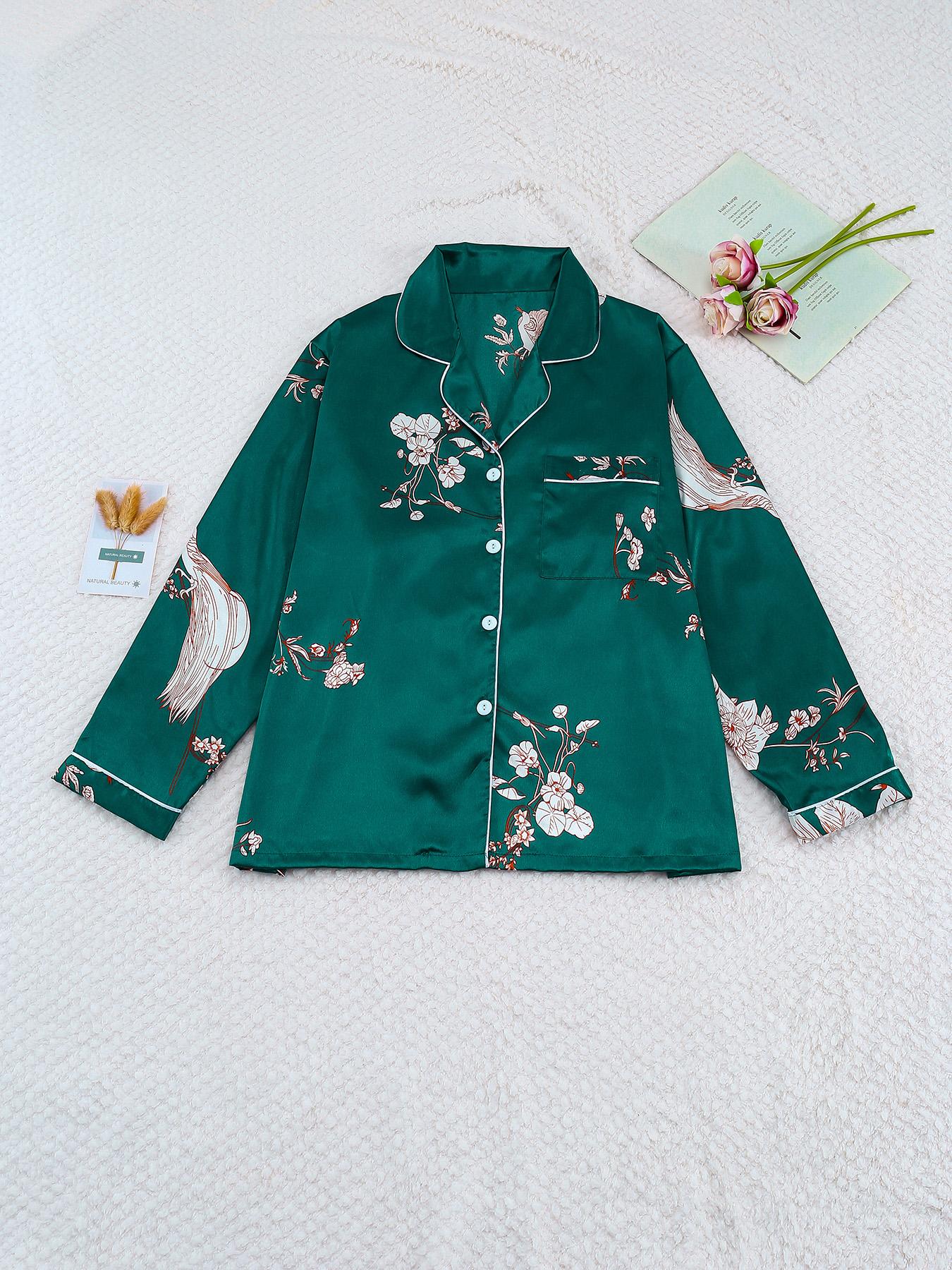 【Plus Size】 Two-Piece Set All Over Print Button Front Shirt & Pants Satin Pyjama Set, Casual Comfy Long Sleeve Top & Trousers PJ Set, Women's Sleepwear for Spring & Fall
