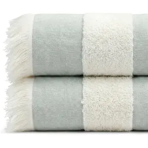 Lightweight Turkish Beach Towel - 100% BCI Cotton, Unbleached Raw Fringe, Oeko-TEX Certified, Absorbent, Eco-Friendly, 36x66”, Sea Green & Natural Stripes, Portable Sarong Blanket for Pool, Travel(Gift)