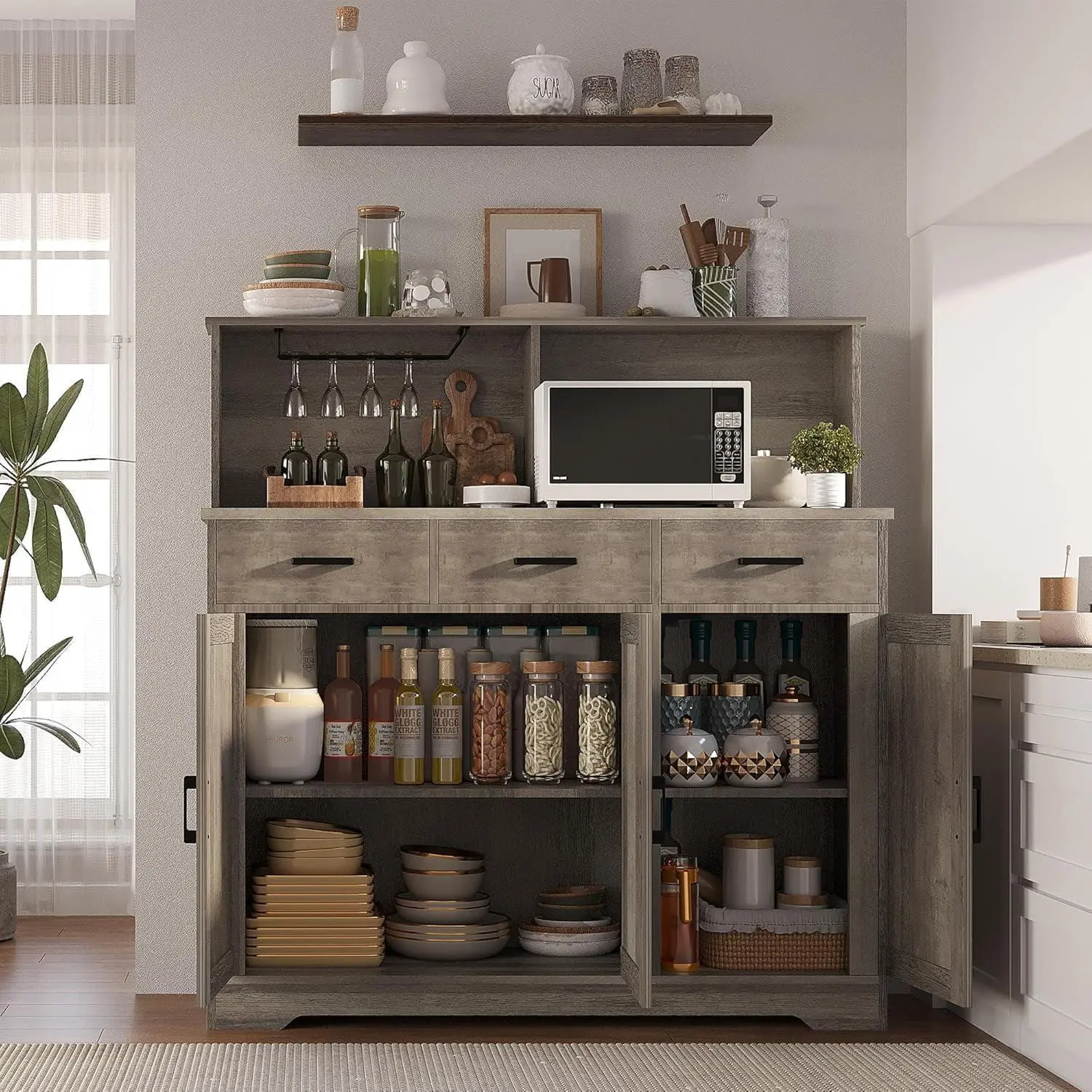 GARVEE Grey Durable Kitchen Storage Unit - 3-Drawers Modern Home Organizer with Double-Sided Multi-Door Design, Microwave Rack for Kitchen Organization