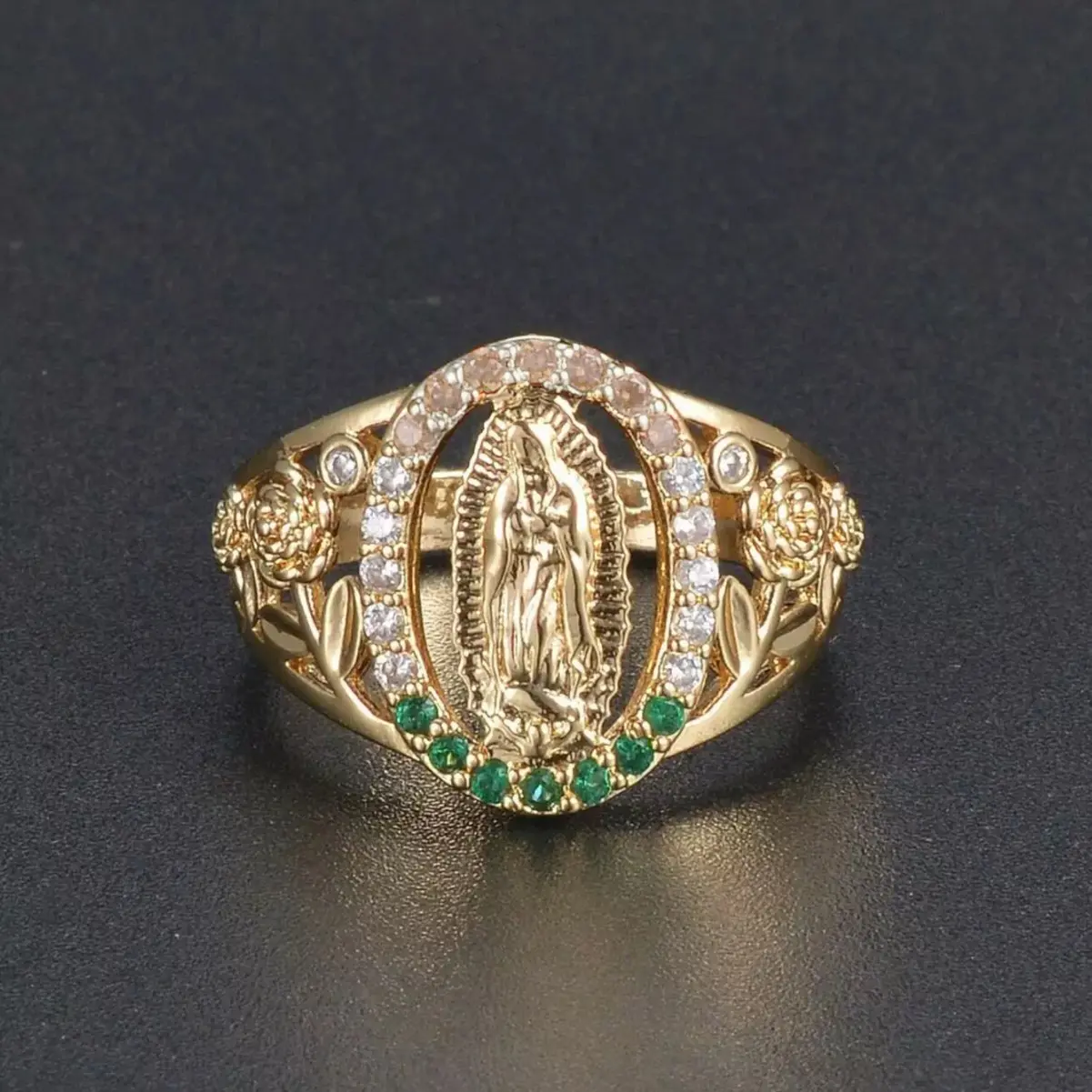 Virgin Mary Openwork Diamond-Set Copper Metal Ring, Couple Style, Unique Jewelry, Affordable Luxury, Sizes 6-10, Best-Selling Fashion Costume Accessory
