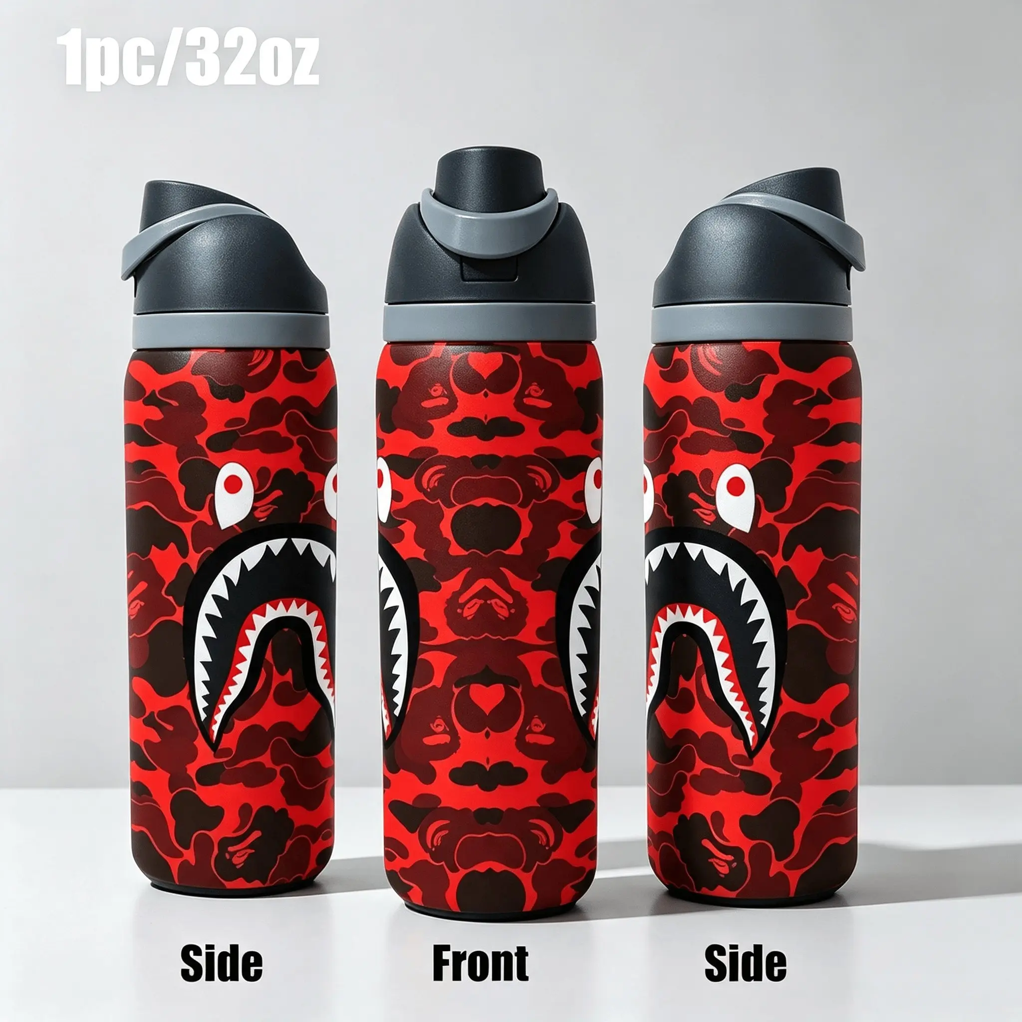 1pc 32oz Stainless Steel Insulated Water Bottle, Camo Shark Mouth Graphic Print, Flip‑Top Sip Lid With Carry Handle, Double Wall Vacuum Leakproof Thermal Cup, Keep Hot & Cold, For Gym Sports Travel, Cool Gift For Teens Men