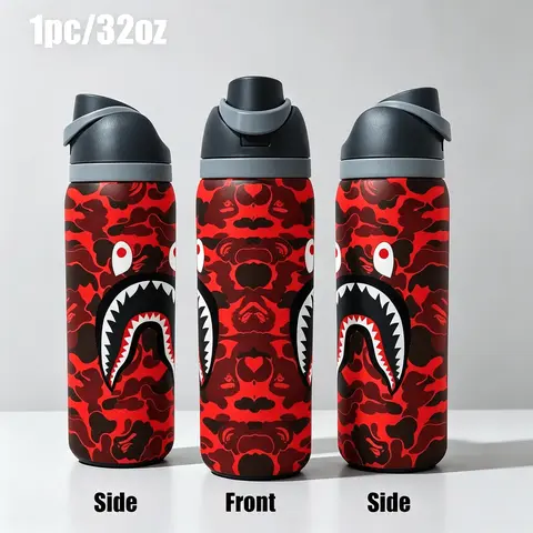 1pc 32oz Stainless Steel Insulated Water Bottle, Camo Shark Mouth Graphic Print, Flip-Top Sip Lid with Carry Handle, Double Wall Vacuum Leakproof, Keep Hot & Cold, for Gym Sports Travel, Cool Gift for Teens & Men, Insulated Vacuum Flasks