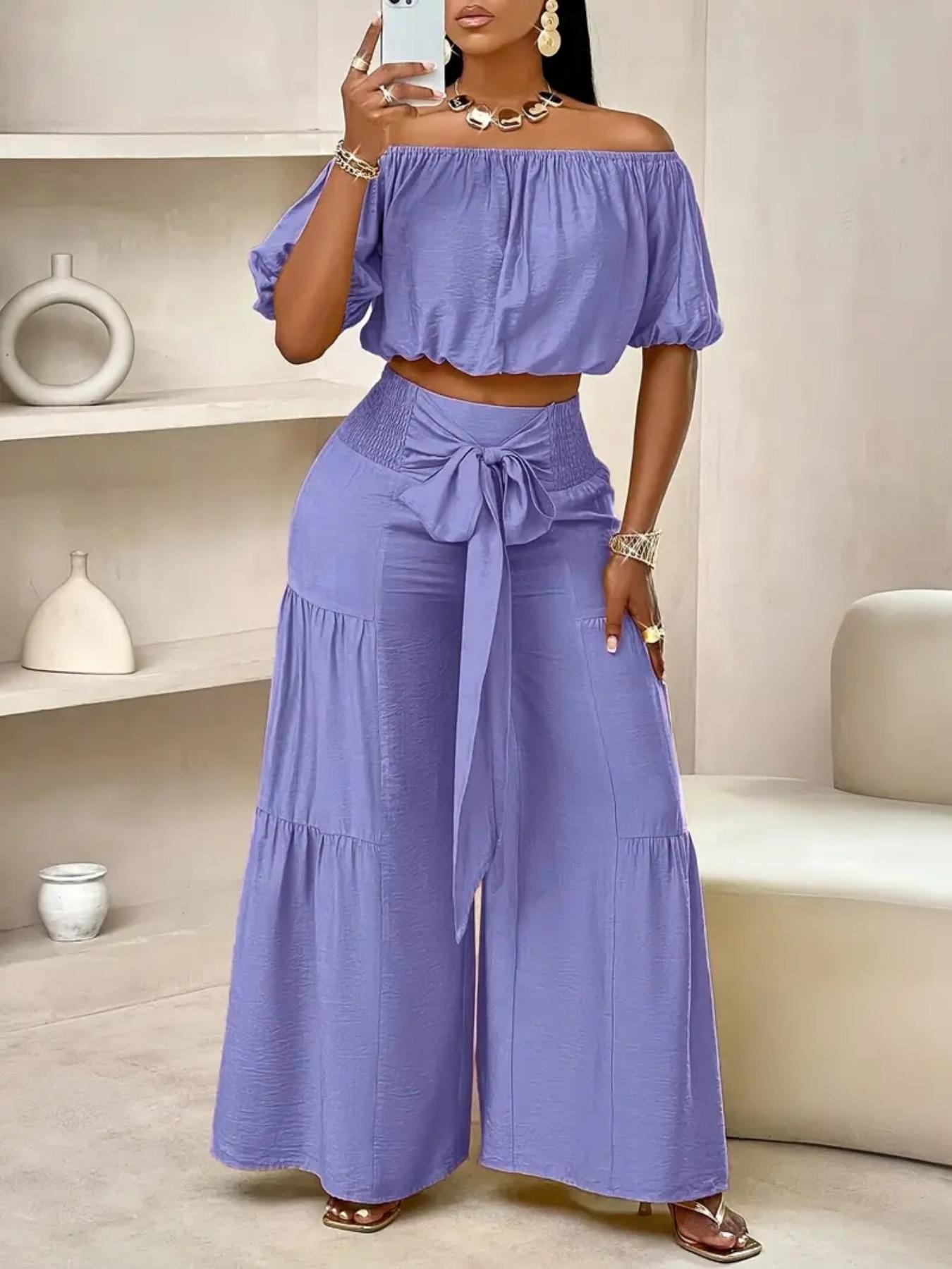 Women's Solid Off Shoulder Crop Top & Wide Leg Pants Set, Casual Breathable Lightweight Fashion Cozy Baggy Top & Trousers for Daily Outdoor Wear, Ladies Clothes for Summer, Womenswear, Two Piece Outfits for Women