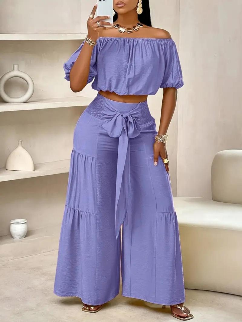 Women's Solid Off Shoulder Crop Top & Wide Leg Pants Set, Casual Breathable Fashion Cozy Baggy Top & Trousers for Daily Outdoor Wear, Ladies Clothes for Summer, Womenswear, Two Piece Outfits for Women