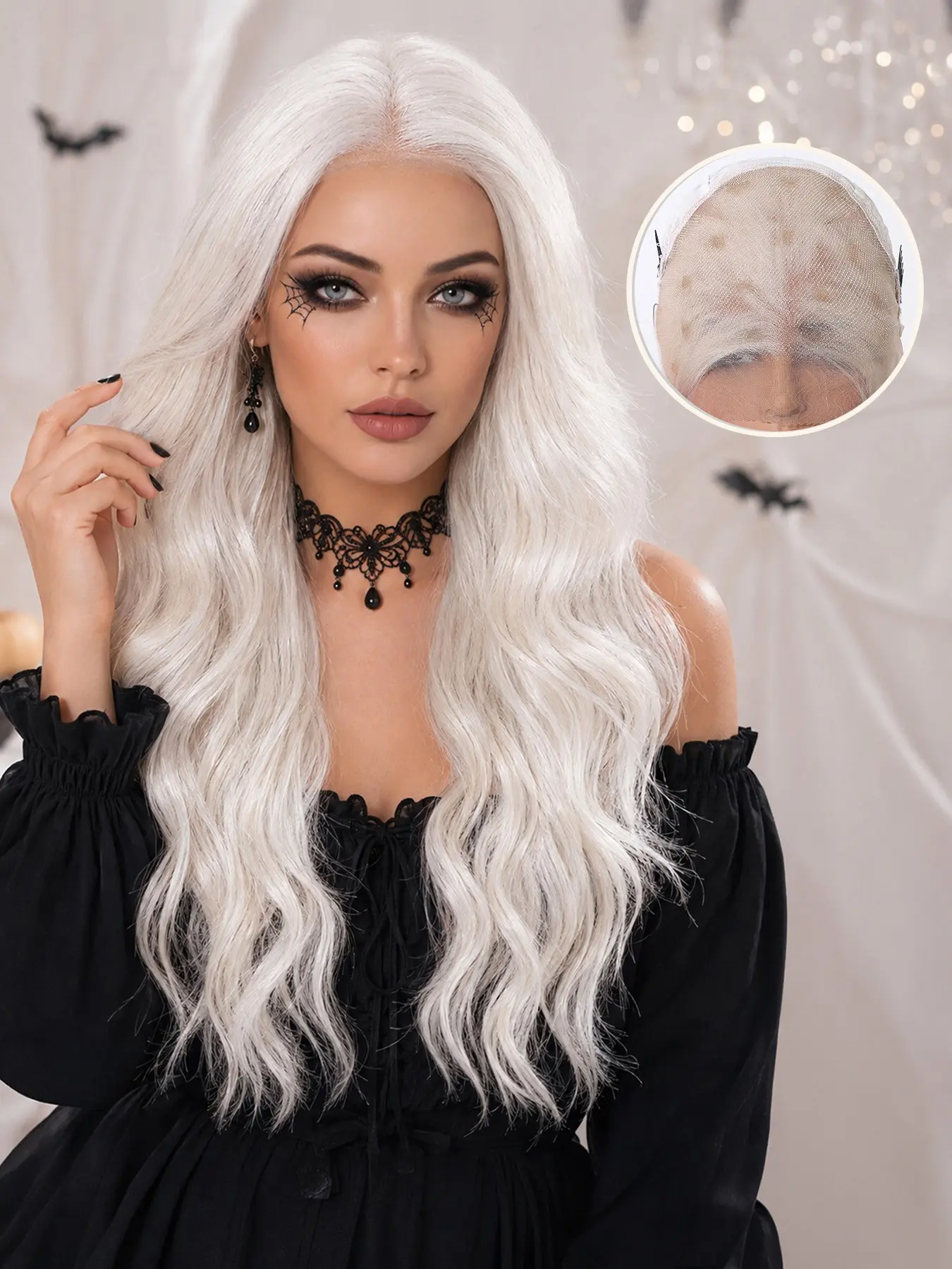 Women's Long Wavy Lace Wig, Ice Gothic Vampire Halloween Costume, Pre-Cut Lace, Glue-Free, Natural Hairline, Cosplay Party Wig, Pre Styled Wig