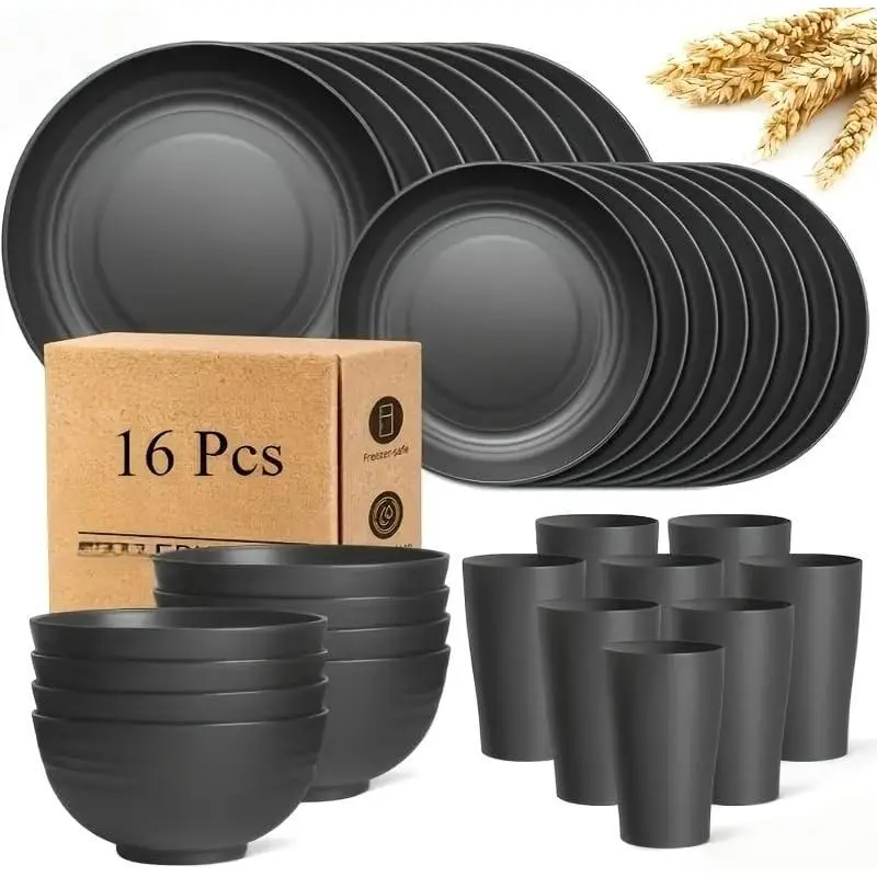 32/16pcs Wheat Straw Large Size Dinnerware Set,Service For 8/4,Lightweight Kitchen Accessories,Unbreakable Modern Dish Set-Plate/Dessert Plate/Bowl/Cup,Dishwasher,Best Gifts (16 Pcs Black)