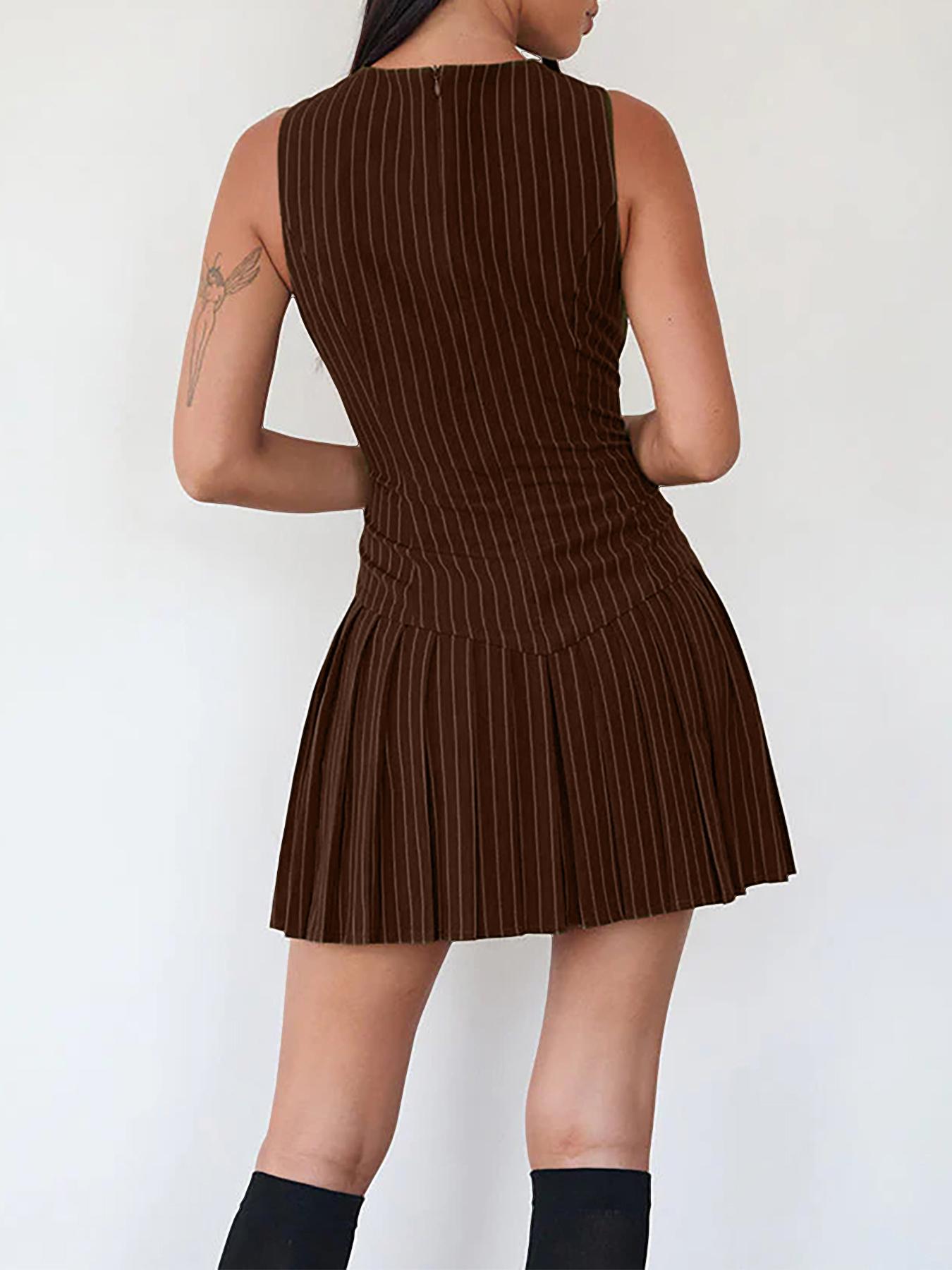 Women's Striped Print Pleated Dress, Casual Fashion Dress for Daily Outdoor Wear, Ladies Clothes for All Seasons