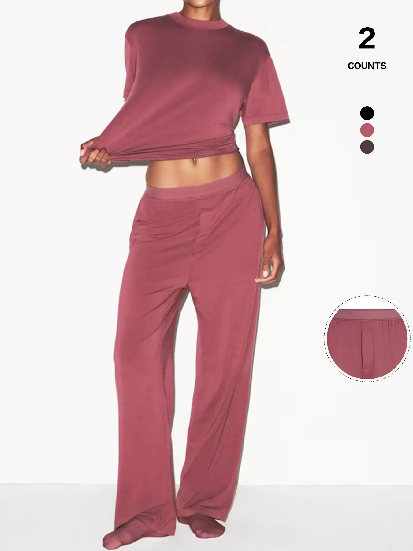Women Minimalist Crew Neck T-Shirt & Wide Leg Pants Set, Pajama, Ultra Soft Stretchy Loungewear, 3 Colors, Casual Home Wear