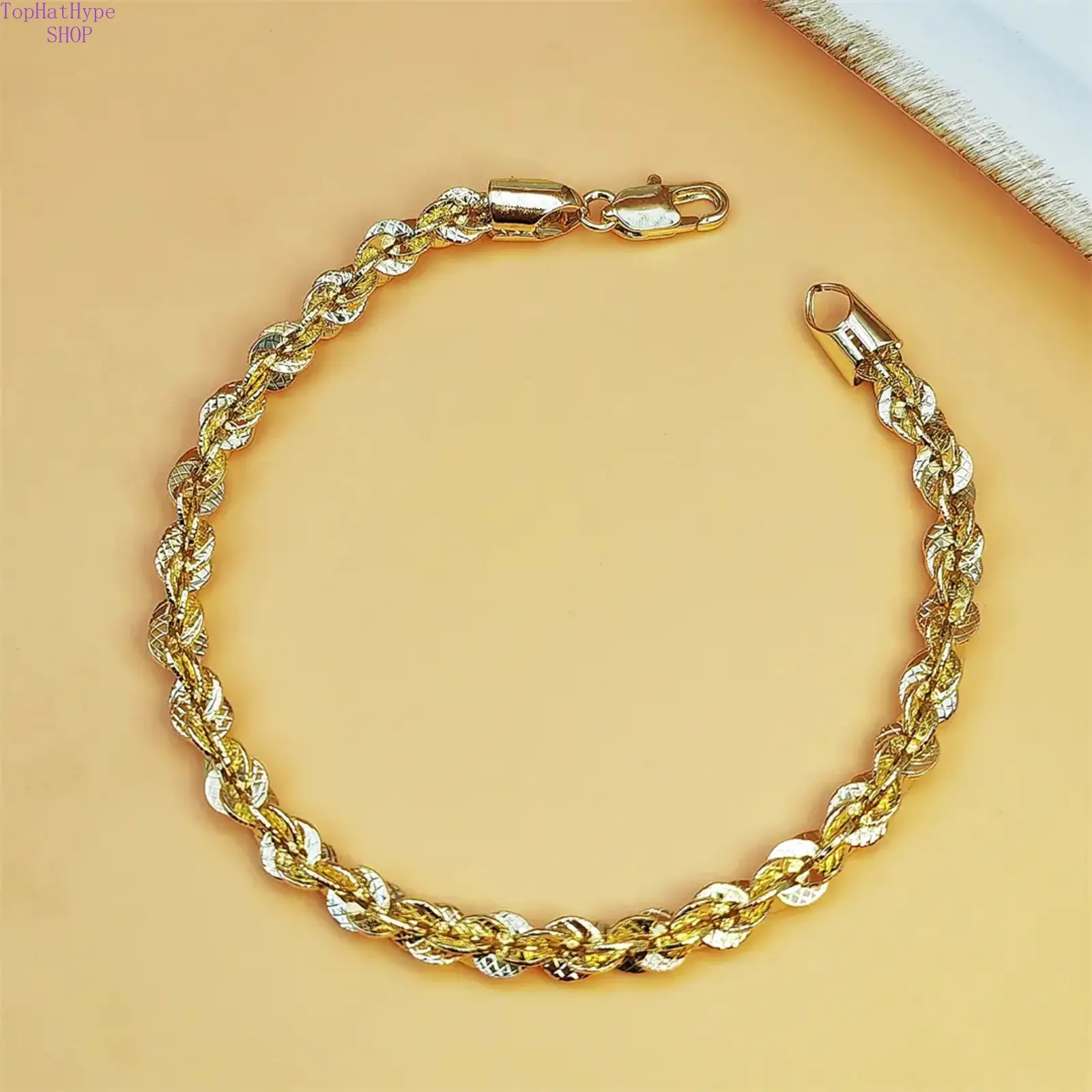 Two-Tone Gold Plated Twist Chain Bracelet for Womens - Shiny Diamond-Cut Link Design, Elegant Statement Jewelry for Daily Wear, Anniversary & Birthday Gift