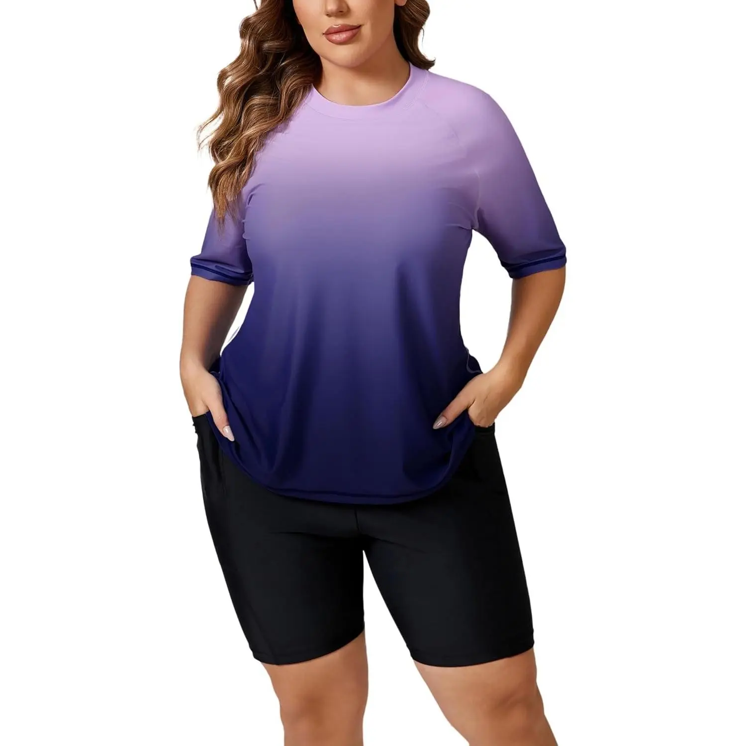 Women's Plus Built in Bra Rash Guard Two Piece Swim Shirt and Pockets Boyleg Shorts