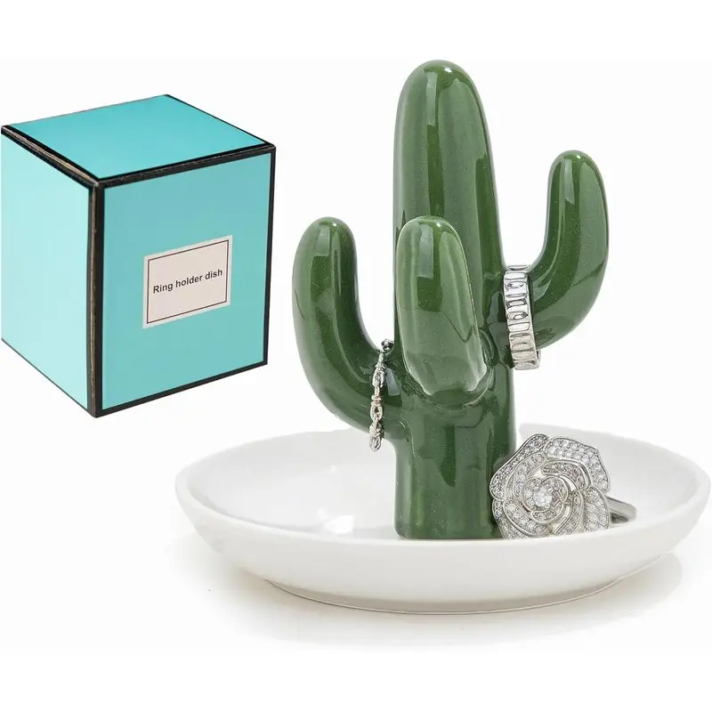 Cactus Ceramic Ring Holder Dish, Cute Trinket Jewelry Tray, Decorative Catchall Organizer for Rings, Earrings & Small Accessories, Aesthetic Bedroom Vanity Decor, Ideal Gift For Women & Jewelry Storage