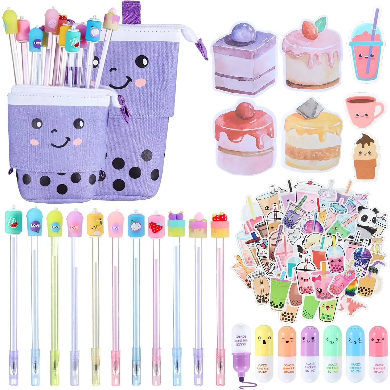 Kawaii Stationery Set - Telescopic Boba Pencil Pouch Case Bag, Gel Ink Pen Stick, Bubble Tea Sticker Pill Highlighter, Cute School Supplies for Christmas
