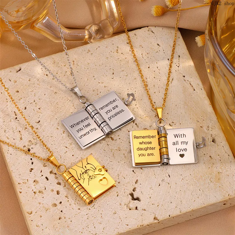 Openable Book Locket Necklace, Gold Tone Mom & Daughter Hug Engraved Photo Pendant Necklace, Family Love Keepsake Jewelry