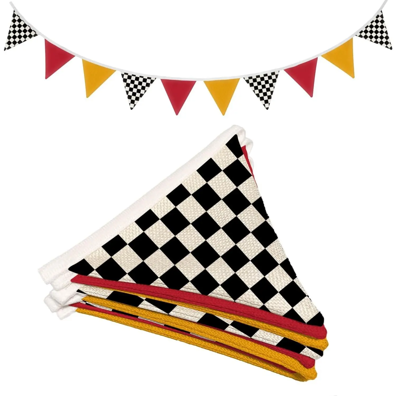 5.5Ft Black & White Checkered Triangle Banner Set, Boys' Car-Themed Room Decor for Toddler Nursery, Red & Yellow Garland for Baby Shower Birthday Party (Home Supplies)
