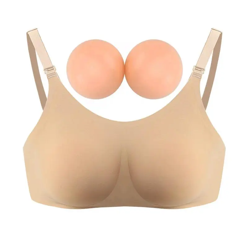 2024 Round Shape Silicone Fake Breast Forms Push Up Seamless One Piece Bra for Crossdresser Shemale Drag Queen Large 2 In 1