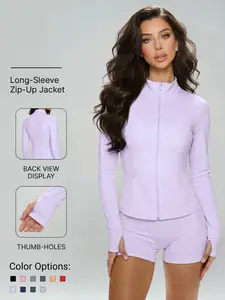 Women's Slim-Fit Zipper Sport Jacket, Thumbhole Jacket, Breathable Running Yoga Outerwear, Thumb Hole Design, All-Season Plain Pattern