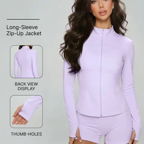 Women's Slim-Fit Zipper Sport Jacket, Thumbhole Jacket, Breathable Running Yoga Outerwear, Thumb Hole Design, All-Season Plain Pattern, Sporty Sports Outerwear