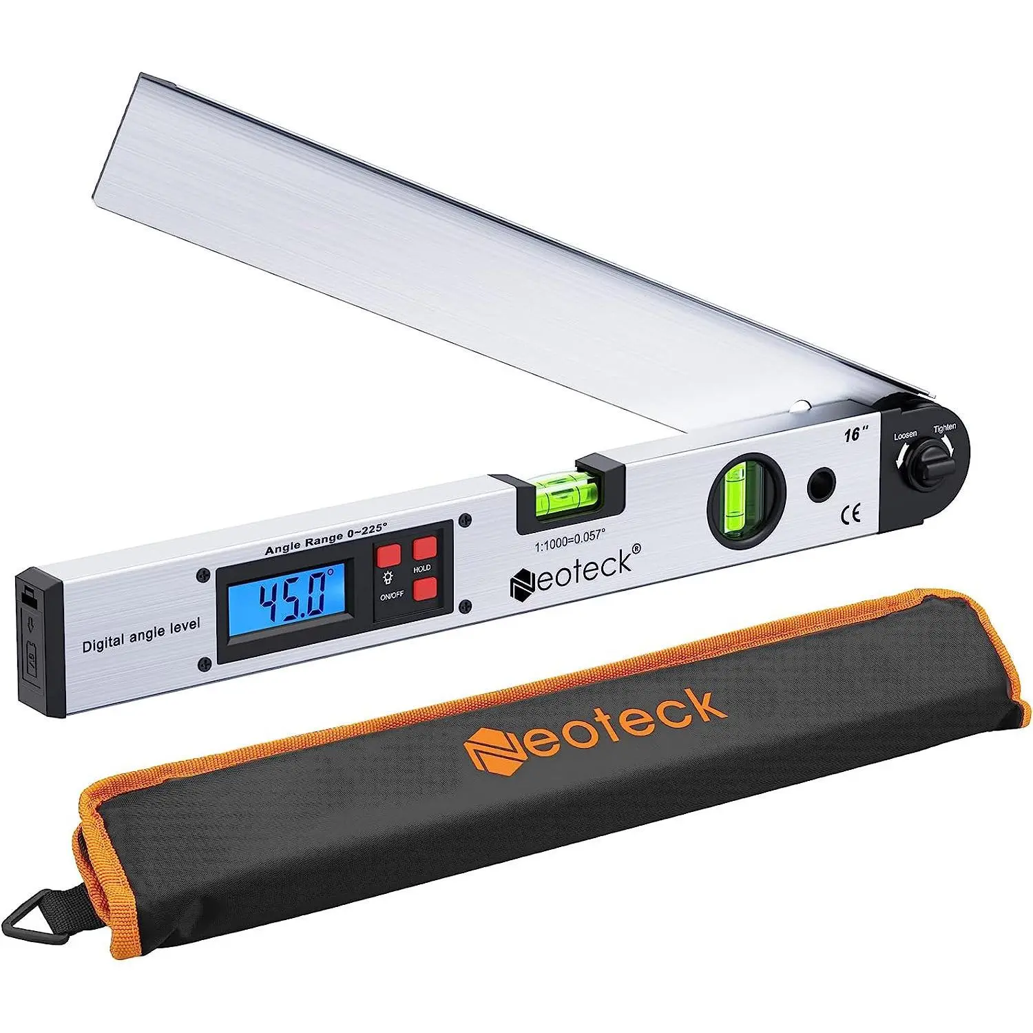 Neoteck Portable Aluminum Digital Angle Finder Protractor Tool - Max 225° Angle, 16 in, ±0.5° Accuracy, Backlit LCD, Check & Calibrate, Data Hold, Horizontal/Vertical Bubble Level, Silver, Batteries Included for Interior Designers