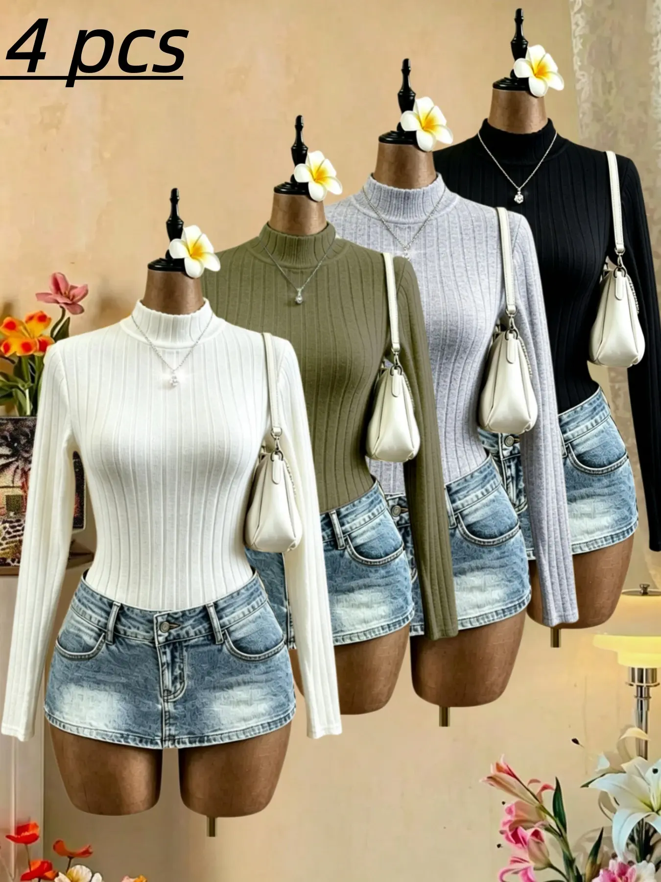 4-Pack High Neck Vertical Stripe Base Layer Women's Fitted Long Sleeve Knit Top, Versatile Fall & Winter Innerwear, Plain Pattern