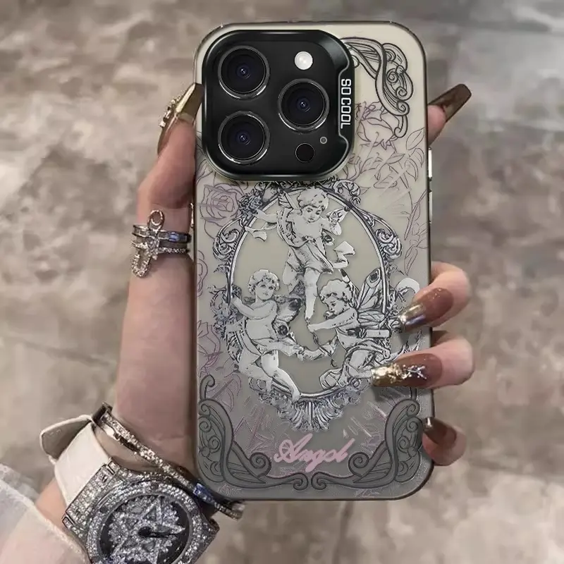 Ornate Twin Cherub Phone Case, Rococo Scrollwork Angel Art Black Bumper Cover for iPhone 17 16 15 14 13 12 11 X Plus Pro Max, Alt Girl Gift