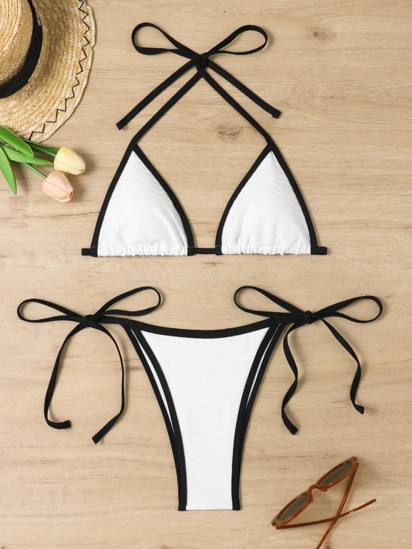 Two-Piece Set Women's Boho Contrast Binding Bikini Swimsuit, Halter Neck Tie Back Triangle Swim Bra & Tie Side Swim Bottom, Gothic Bikini, Tie Back Bikinis, Back To School Ladies Summer Swimwear for Beach Holiday Vacation
