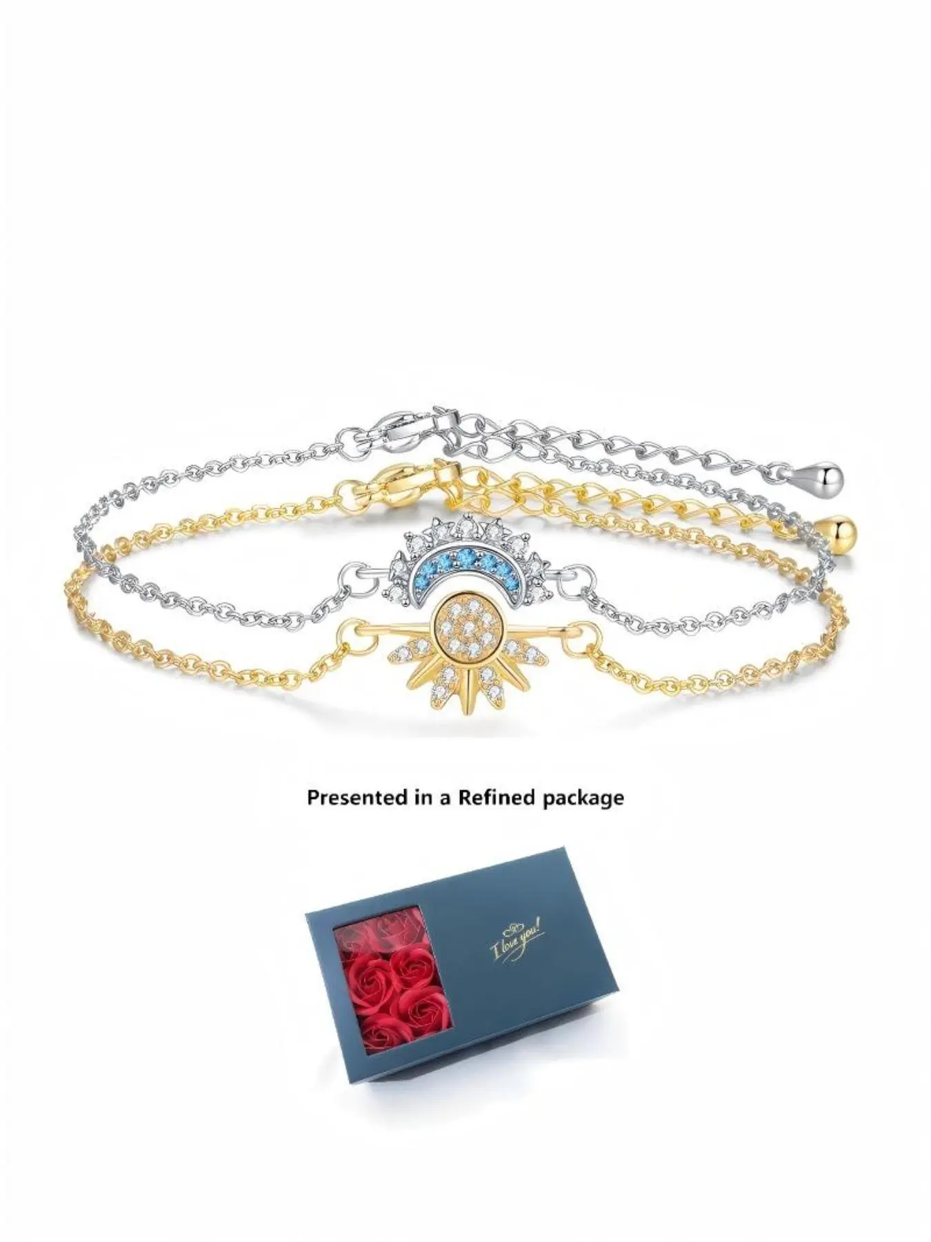 Sun Moon Bracelet Set, Stackable Unisex Sun Ring Blue Moon Ring Couple Matching Bracelets, Friendship Symbol Flower Gift Box