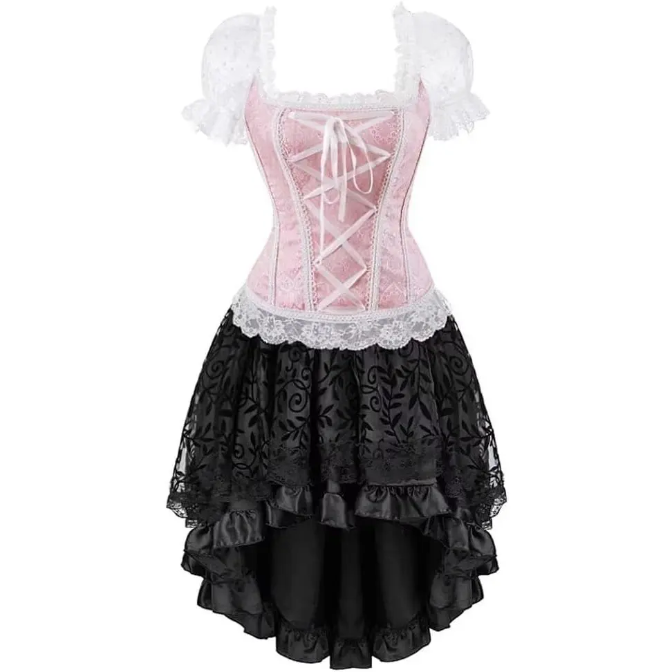 Corset Dress Renaissance and Short Skirt Tutu Lace Short Sleeved Zipper Plus Size Women, Medieval Victorian Waist Cincher Bustier Top for Halloween Pirate Cosplay Suitable for Halloween and Themed Events Korsett Corsé Mujer Corsetto Fashion