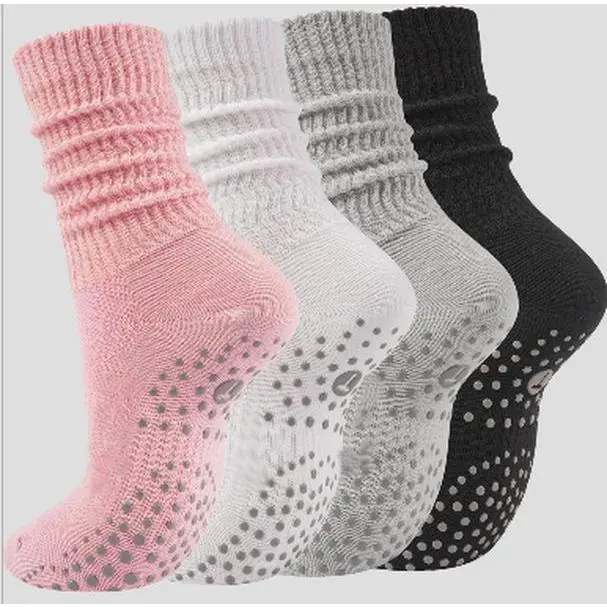 4 Pairs Non-Slip Grip Socks for Women, Slouchy Crew Socks with Grips, Cushioned Athletic Socks for Yoga Pilates Barre Ballet Hospital & Home