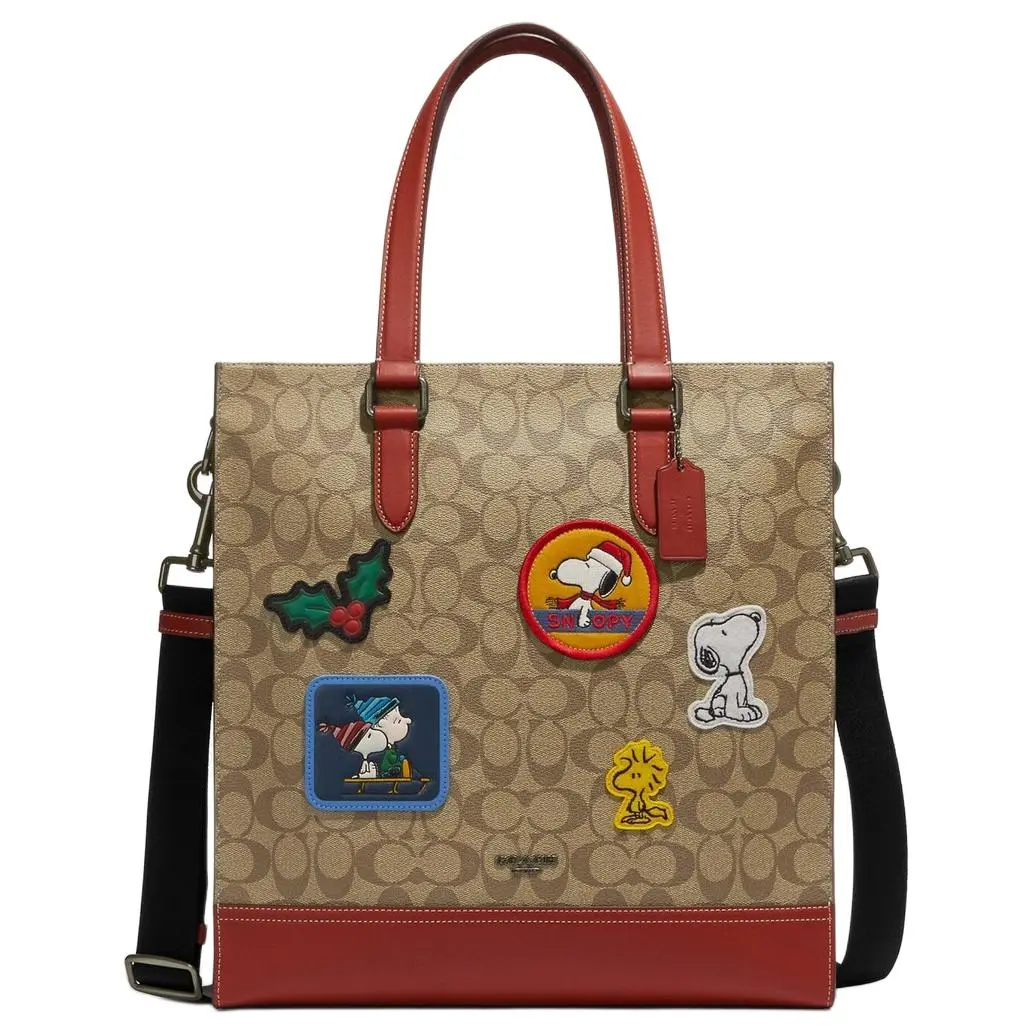 Coach x Peanuts Snoopy Graham 36 Large Tote Bag for Women, Classic Monogram Coated Canvas and Smooth Calfskin, Brown and Khaki