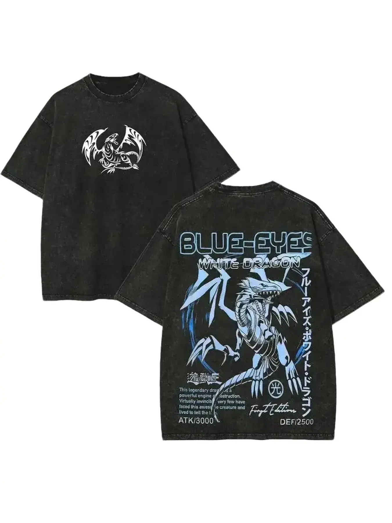 Yu-Gi-Oh Blue-Eyes White Dragon Double-Sided Graphic T-Shirt Vintage Washed Black Oversized Anime Tee, Perfect Gift Cool Shirts,Graphic Washed Oversized Tees for Men & Women,Summer Round Neck Short Sleeve ,Sports Shirt,Workout T-shirt