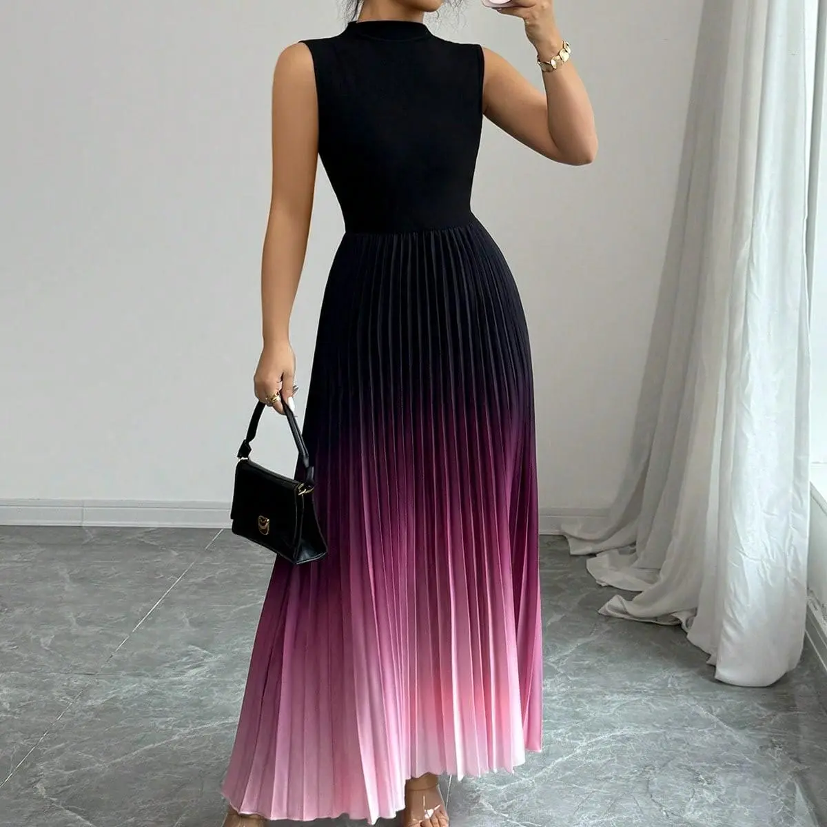 European and American spring clothes on the new light and elegant round neck sleeveless gradual change color dress