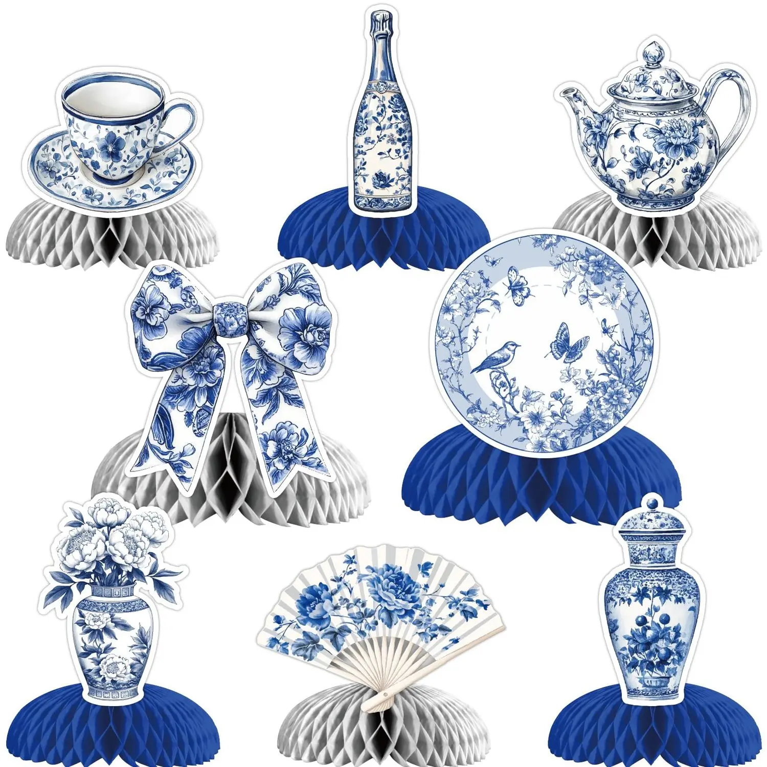 1Set Blue Chinoiserie Party Decorations 8pcs Floral Chinoiserie Grandmillennial Honeycomb Centerpieces for Birthday Wedding Bridal Shower Outdoor Party Decorations