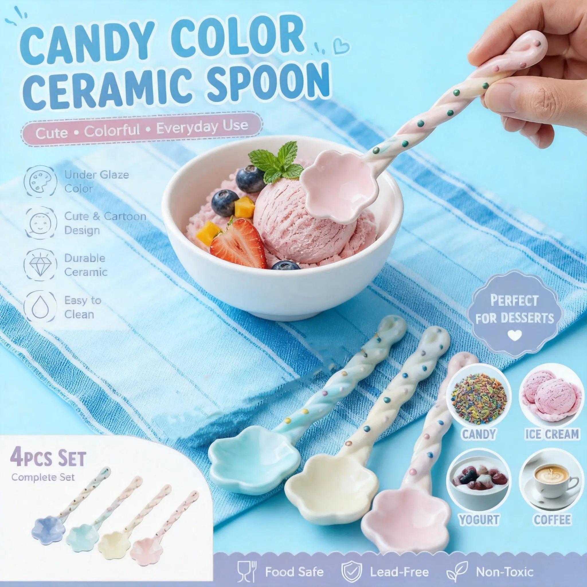 Four Cute Long-Handled Ceramic Spoons, Cartoon Dessert Spoons, Candy Spoons, Ice Cream Yogurt Spoons, Perfect for Sweet Treats, Fun Kitchen Accessories