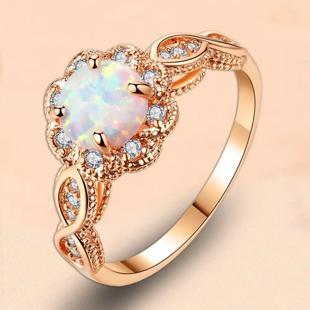 Women's 2-PCS Rose Gold Opal Ring Charm for Bag Accessories, Round Center, Hollow-Carved Band with Rhinestones, Gift for Anniversary, Birthday, 2Pcs, Resin Opal, Statement Piece, Vintage, Elegant, Fashion, Female