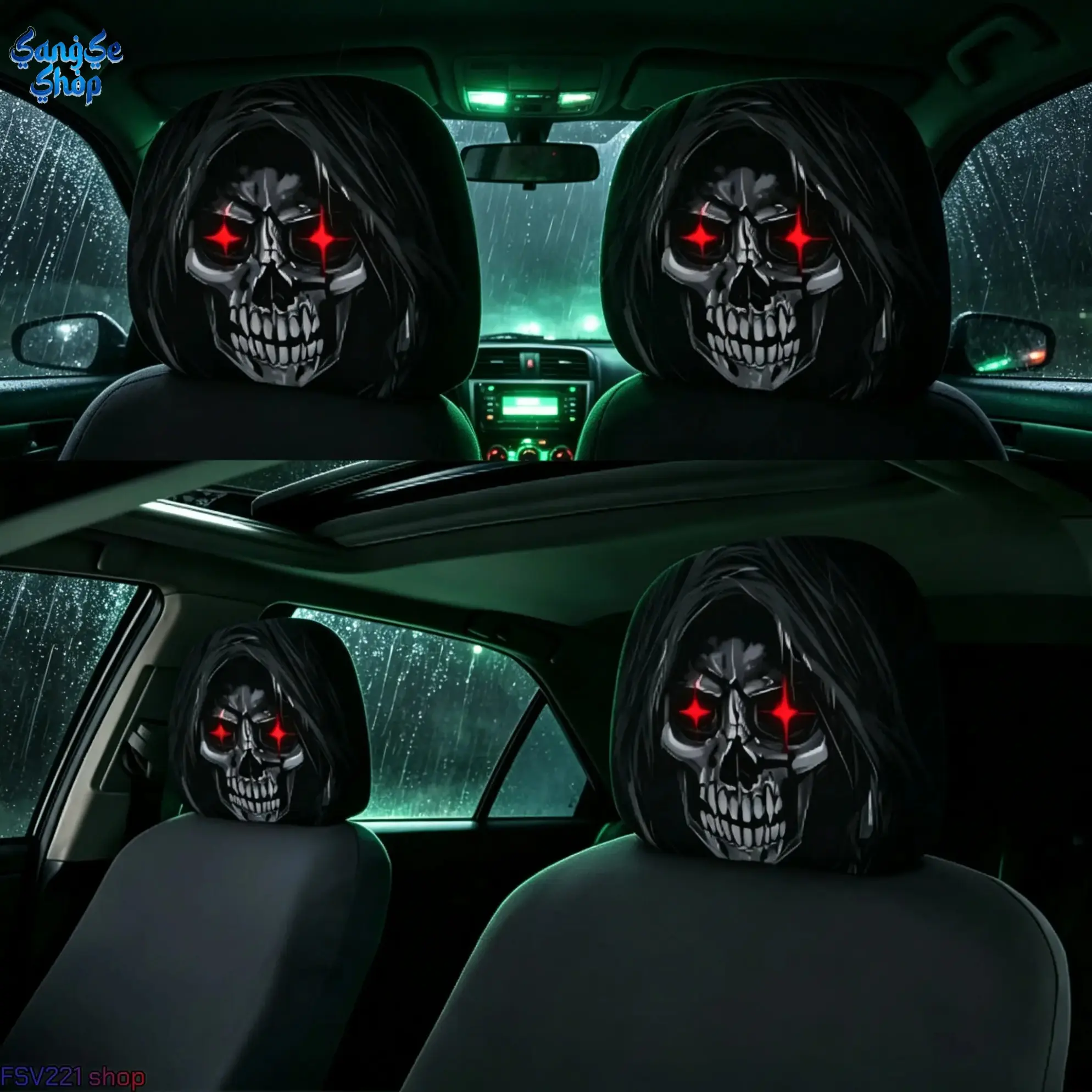 2-Pack Halloween Grim Reaper Car Headrest Covers, Red-Eyed Hooded Skull Print Auto Seat Protector Set, Scary Horror Car Interior Accessories, Stretch Fit Seat Covers for SUV, Truck & Car, Funny Prank Decorations for Halloween & Party Season