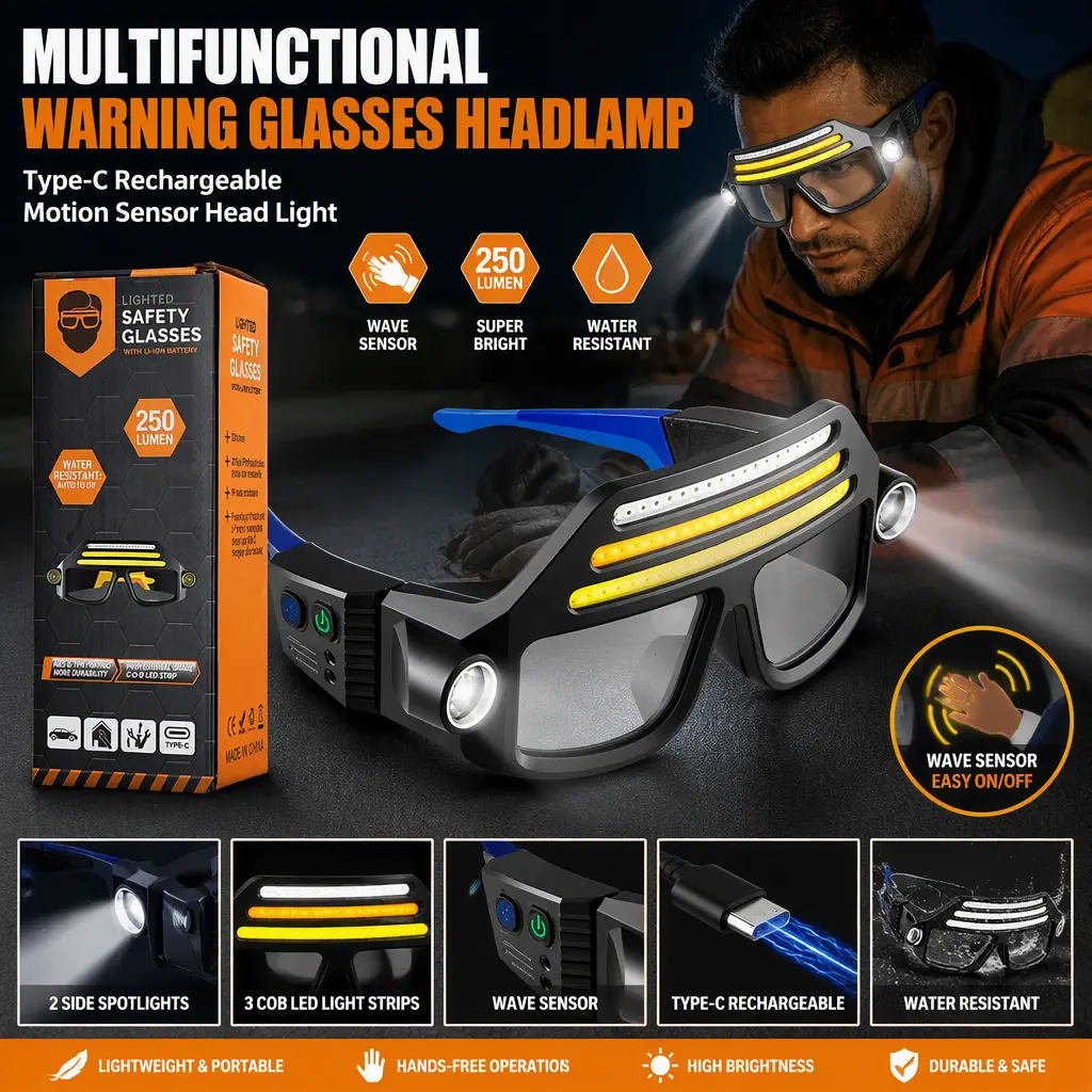 Multifunctional Glasses Light, Type‑C Rechargeable Warning Sensor Headlamp, Compact Portable Hands‑Free LED Head Light