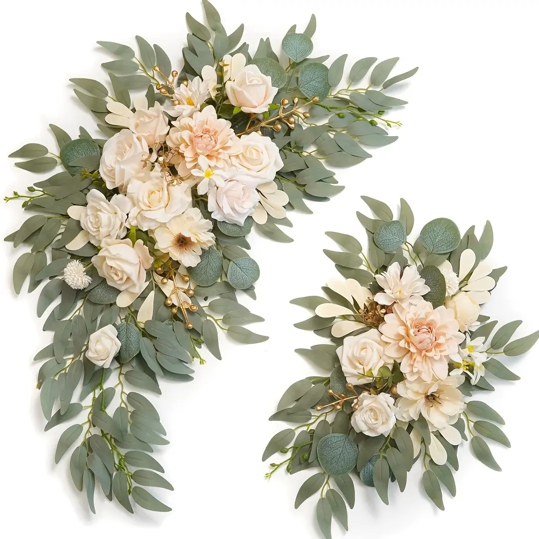 2-Pack Large 60cm Ivory Wedding Arch, Artificial Flowers with Eucalyptus, Roses, Dahlias, Bohemian Party Decor, Bridal Gift