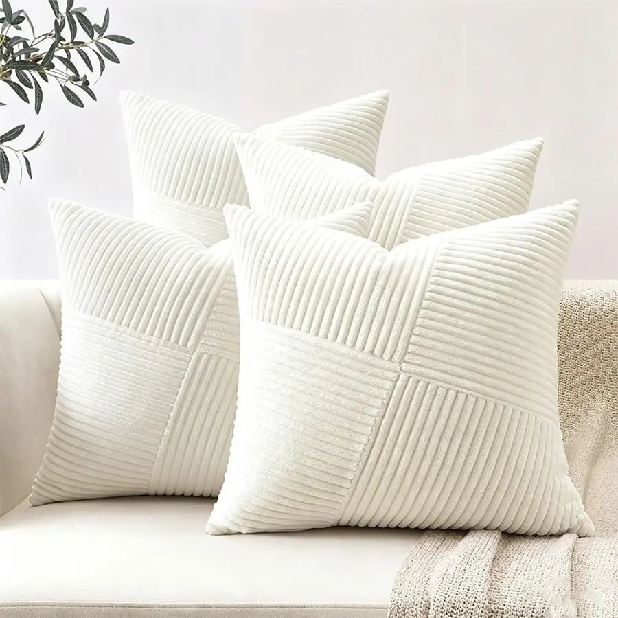 4PCS Decorative Throw Pillow Covers Soft Corduroy Boho Farmhouse Square Pillow Cases with Invisible Zipper for Couch Sofa Living Room Bedroom (Without pillow insert)
