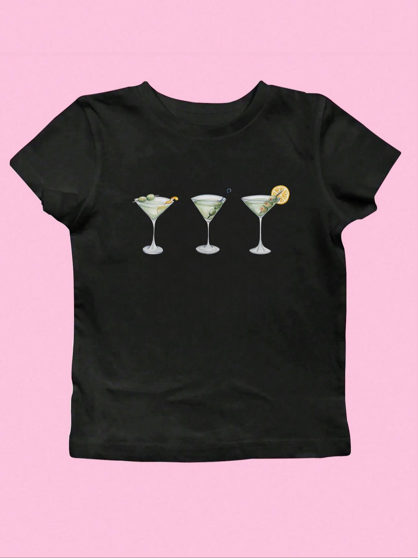 Women's Beverage Print Round Neck Crop Tee, Casual Short Sleeve Crew Neck T-shirt for Daily Wear, Casual Everyday Wear, Summer Tops, Ladies Back To School Clothes for All Seasons